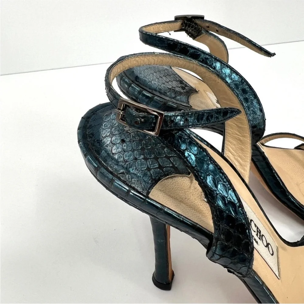 JIMMY CHOO Shoes Womens 38 Metallic Blue Snake Embossed Strappy Leather Sandal - Picture 13 of 14